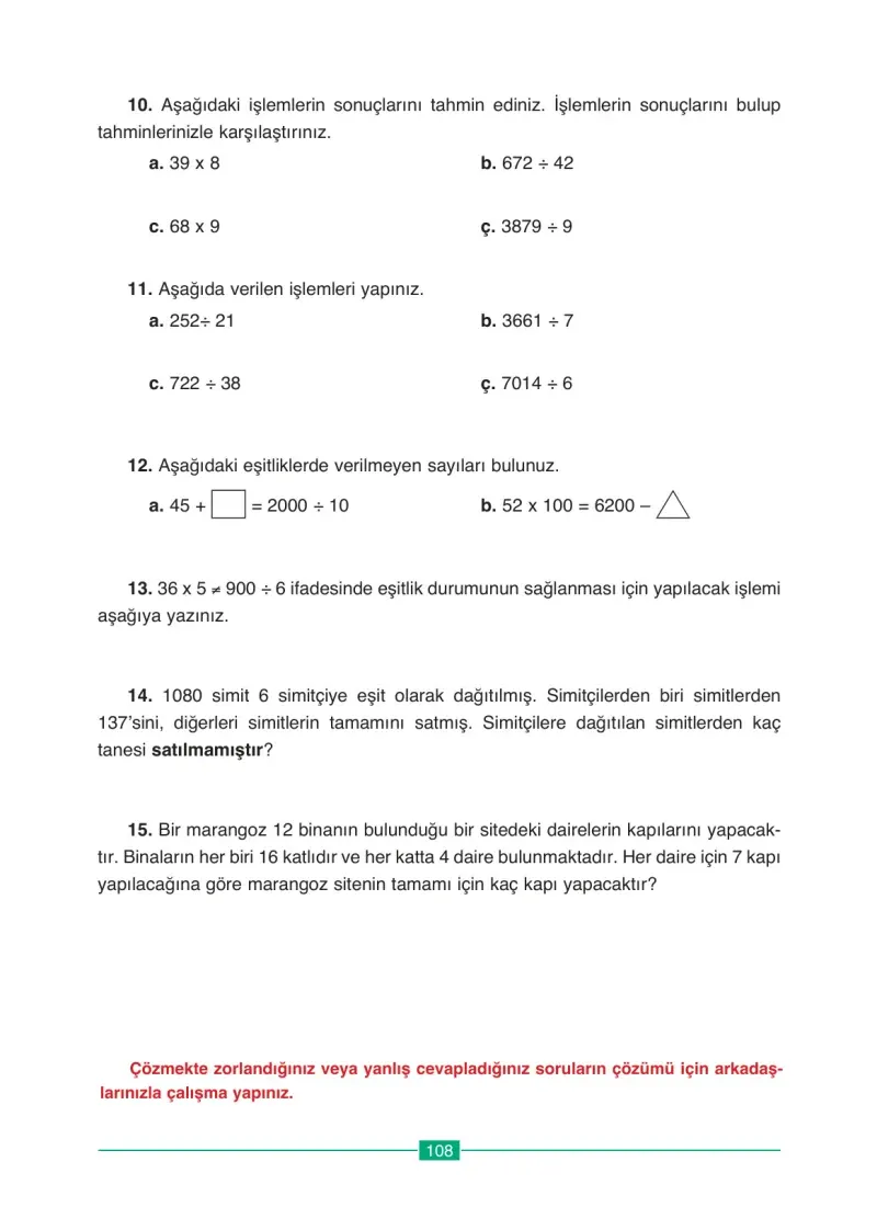 4. Sınıf Matematik Ders Kitabı Cevapları Ada Yayınları Sayfa 108