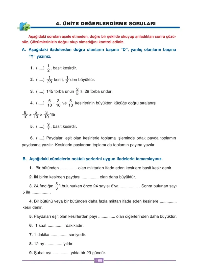 4. Sınıf Matematik Ders Kitabı Cevapları Ada Yayınları Sayfa 165