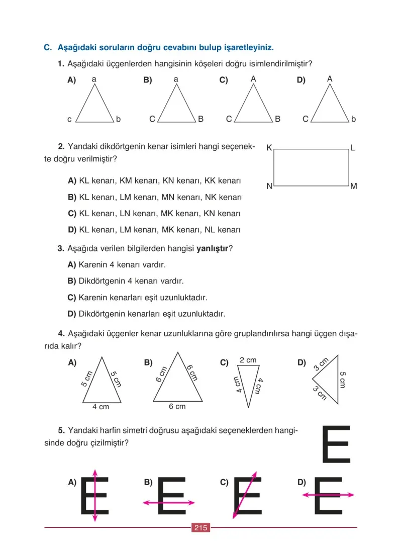 4. Sınıf Matematik Ders Kitabı Cevapları Ada Yayınları Sayfa 215
