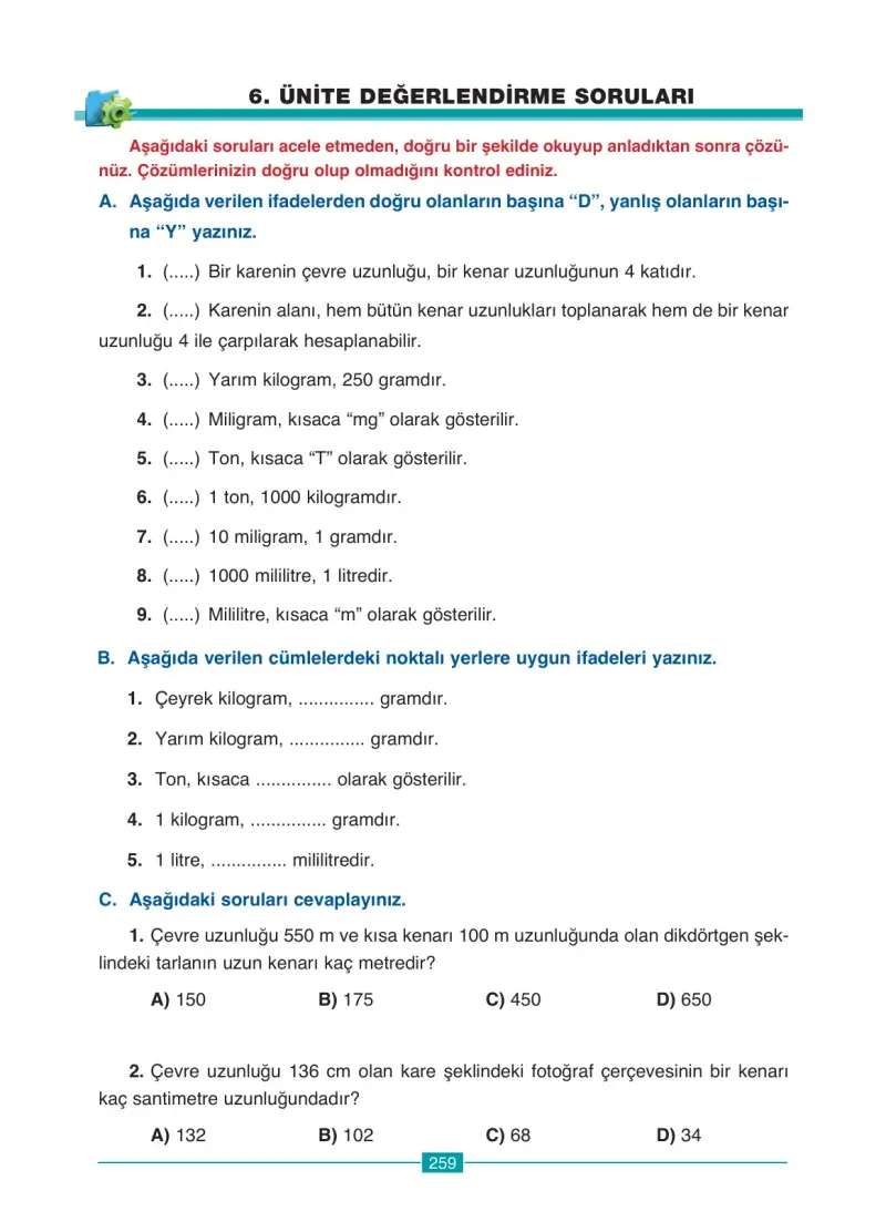 4. Sınıf Matematik Ders Kitabı Cevapları Ada Yayınları Sayfa 259