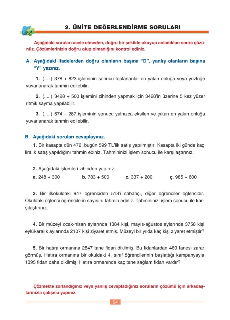 4. Sınıf Matematik Ders Kitabı Cevapları Ada Yayınları Sayfa 54