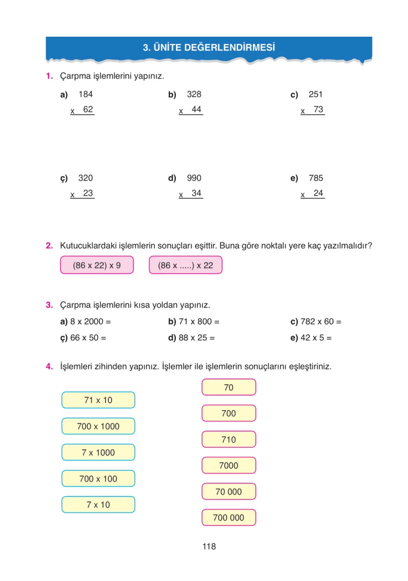 4. Sınıf Matematik Ders Kitabı Cevapları Ata Yayınları Sayfa 118