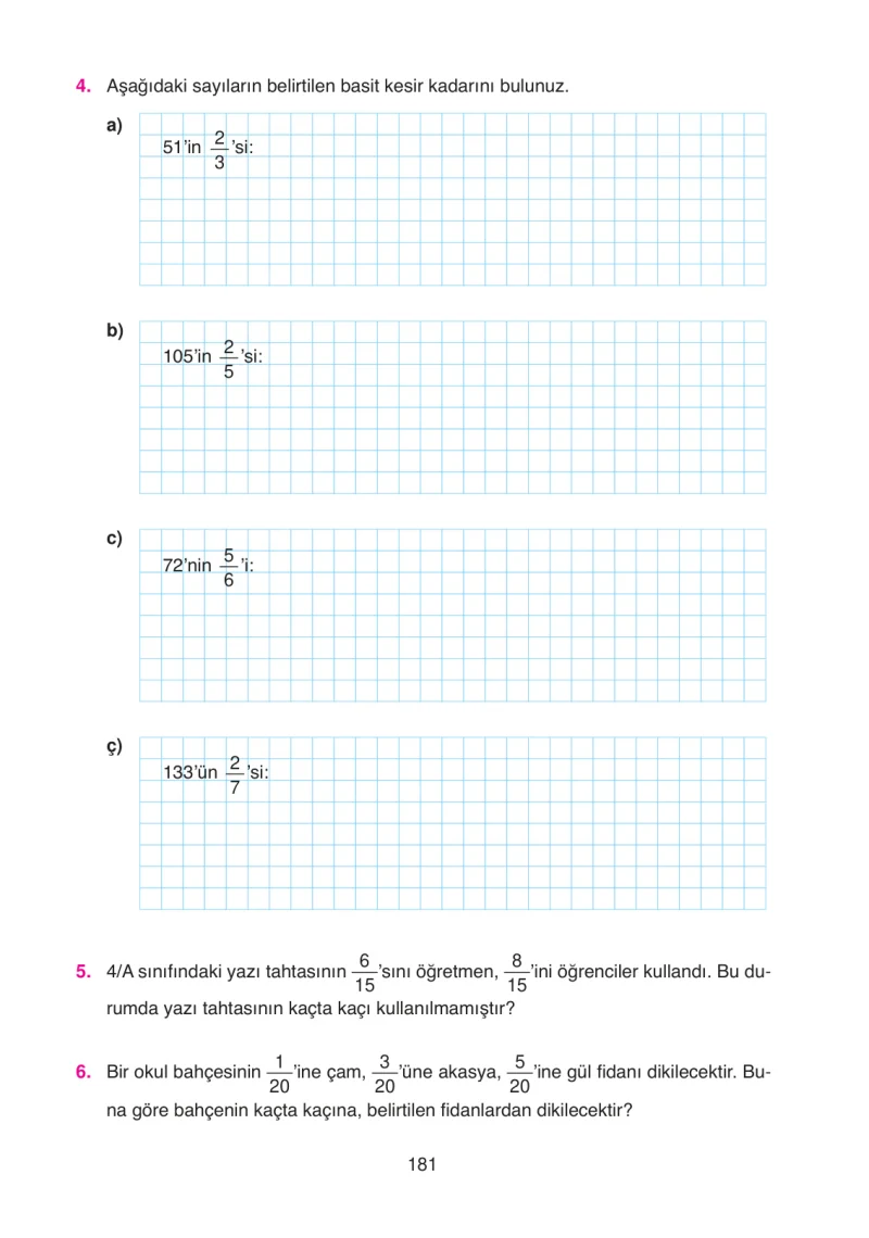 4. Sınıf Matematik Ders Kitabı Cevapları Ata Yayınları Sayfa 181