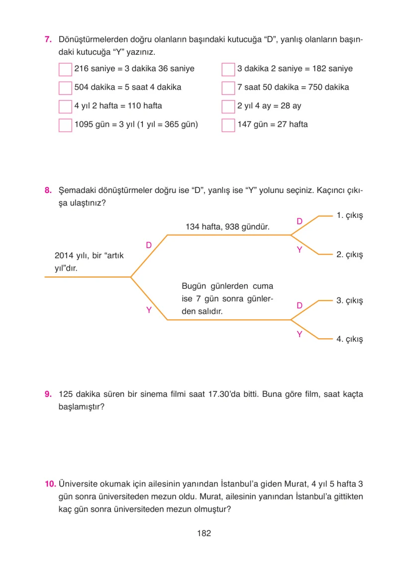 4. Sınıf Matematik Ders Kitabı Cevapları Ata Yayınları Sayfa 182