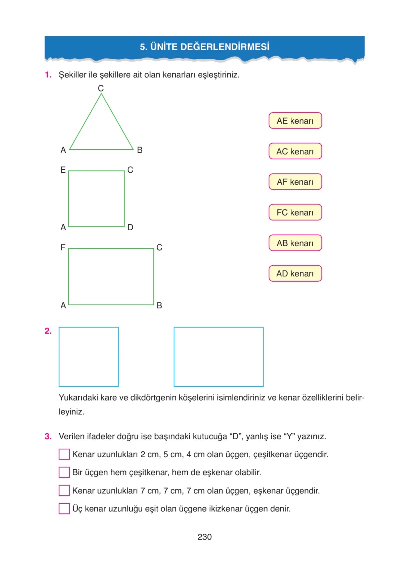 4. Sınıf Matematik Ders Kitabı Cevapları Ata Yayınları Sayfa 230