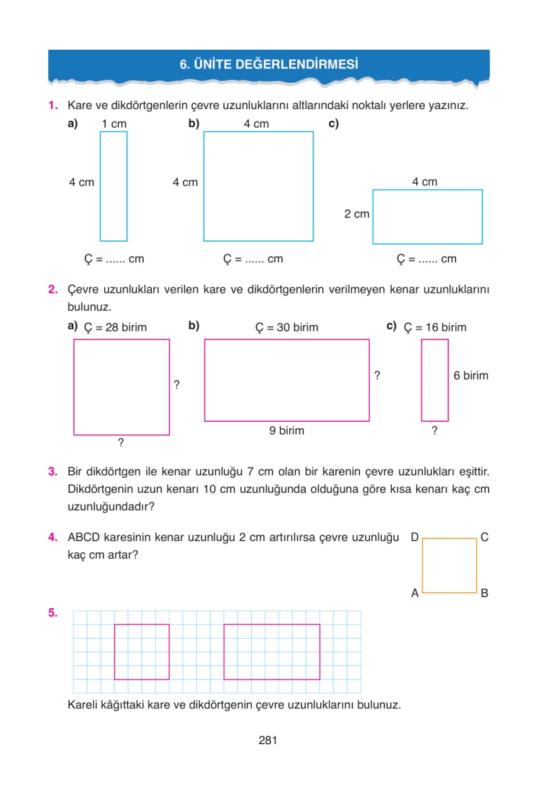 4. Sınıf Matematik Ders Kitabı Cevapları Ata Yayınları Sayfa 281
