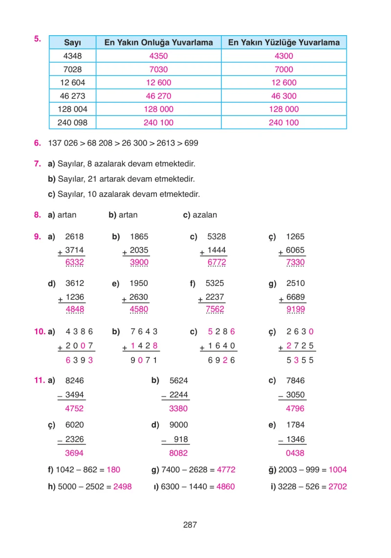 4. Sınıf Matematik Ders Kitabı Cevapları Ata Yayınları Sayfa 287