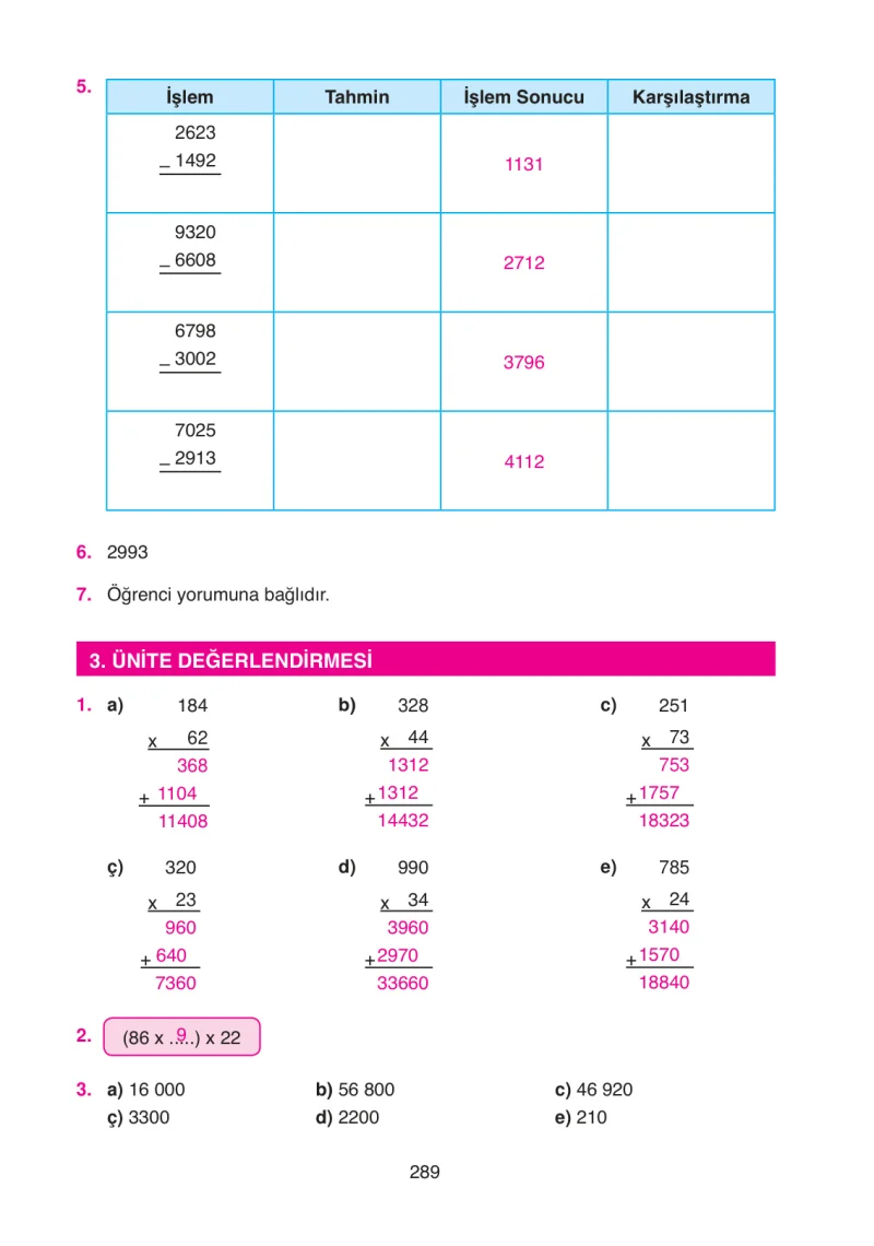4. Sınıf Matematik Ders Kitabı Cevapları Ata Yayınları Sayfa 289