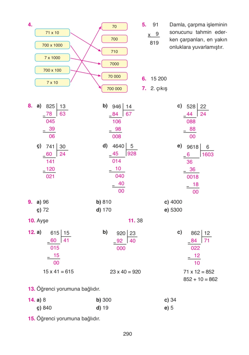 4. Sınıf Matematik Ders Kitabı Cevapları Ata Yayınları Sayfa 290