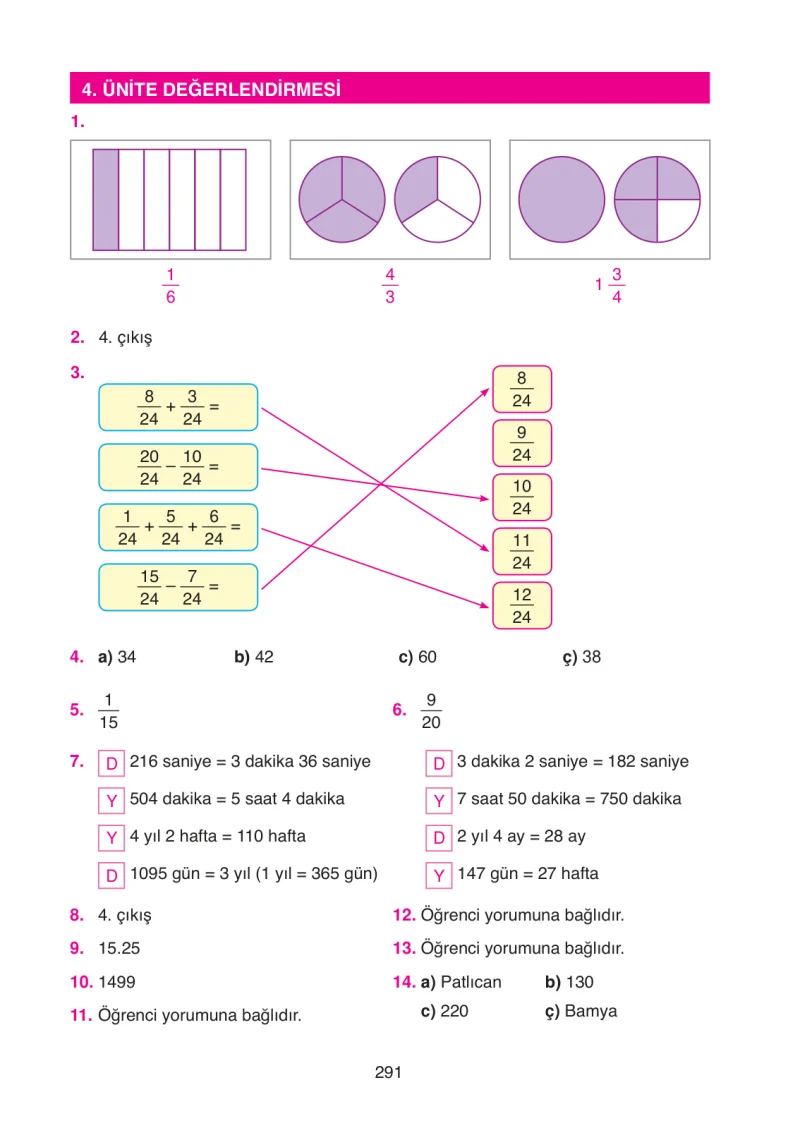 4. Sınıf Matematik Ders Kitabı Cevapları Ata Yayınları Sayfa 291