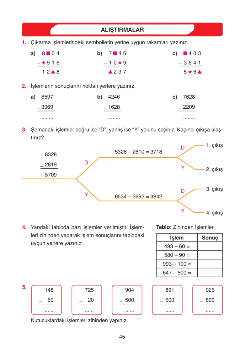 4. Sınıf Matematik Ders Kitabı Cevapları Ata Yayınları Sayfa 45