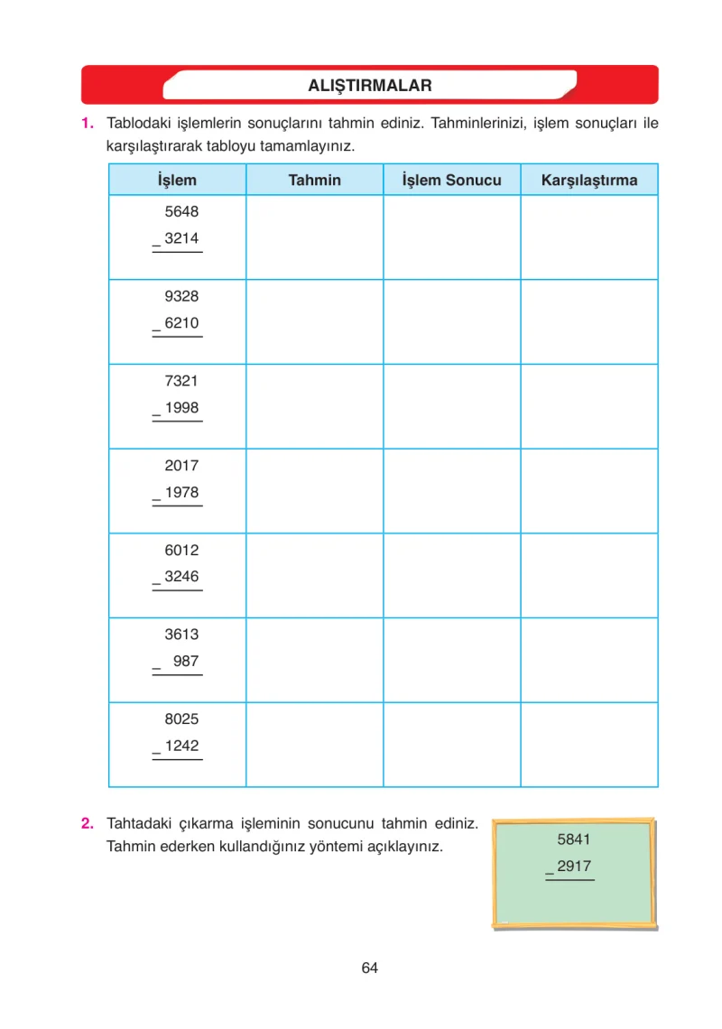 4. Sınıf Matematik Ders Kitabı Cevapları Ata Yayınları Sayfa 64
