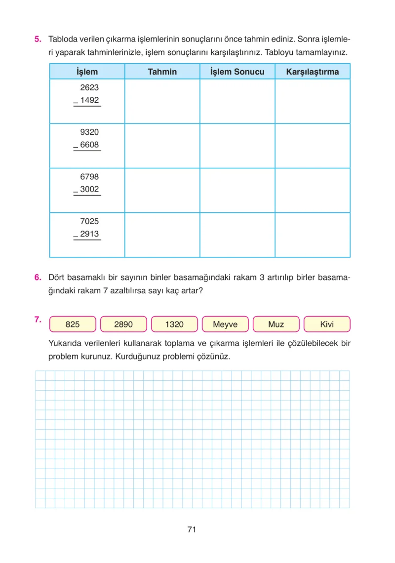 4. Sınıf Matematik Ders Kitabı Cevapları Ata Yayınları Sayfa 71
