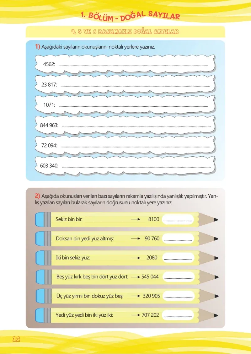 4. Sınıf Matematik Ders Kitabı Cevapları Meb Yayınları Çalışma Kitabı 1 Sayfa 12