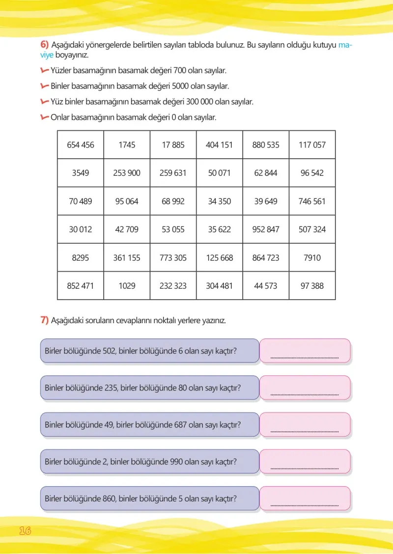 4. Sınıf Matematik Ders Kitabı Cevapları Meb Yayınları Çalışma Kitabı 1 Sayfa 16