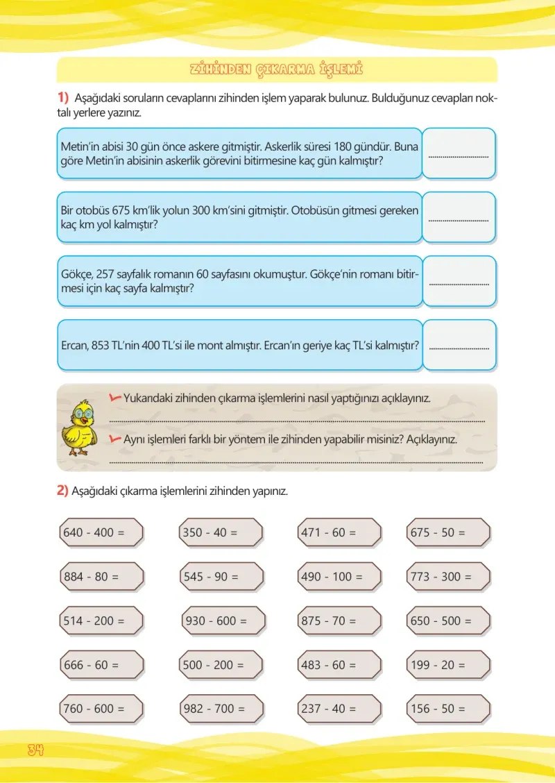 4. Sınıf Matematik Ders Kitabı Cevapları Meb Yayınları Çalışma Kitabı 1 Sayfa 34
