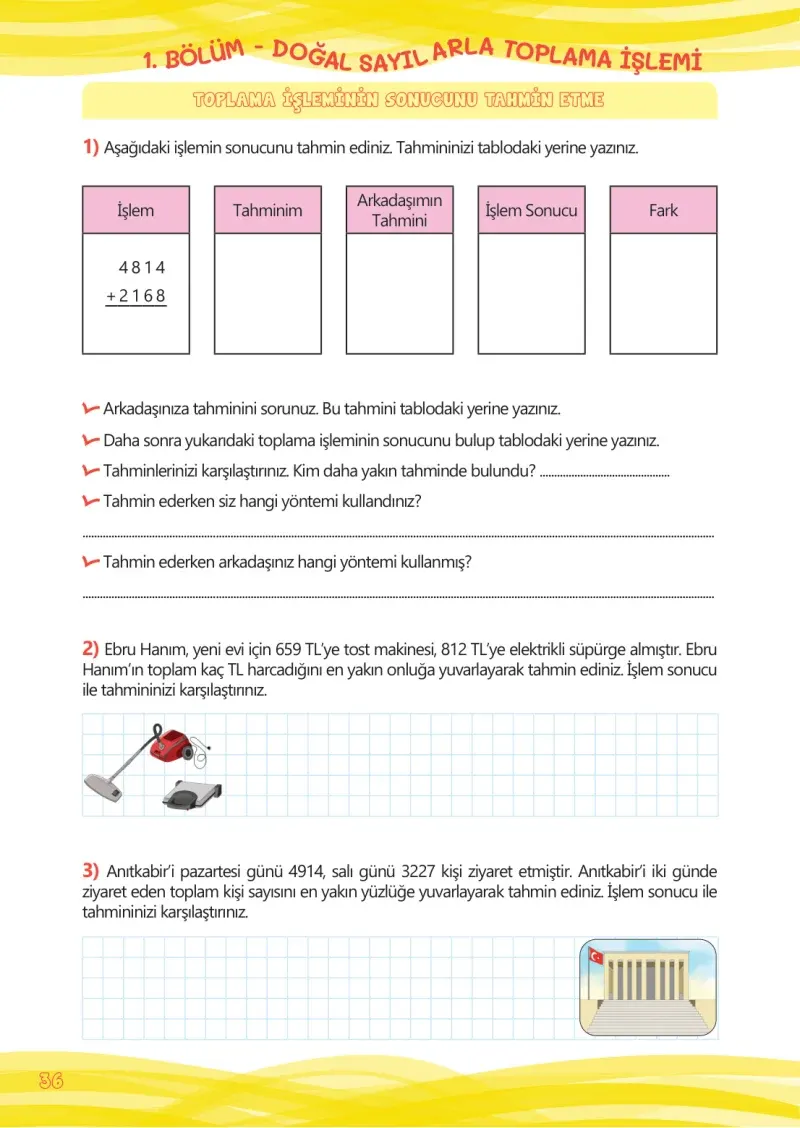 4. Sınıf Matematik Ders Kitabı Cevapları Meb Yayınları Çalışma Kitabı 1 Sayfa 36