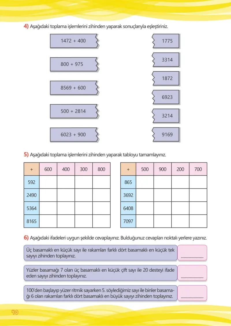 4. Sınıf Matematik Ders Kitabı Cevapları Meb Yayınları Çalışma Kitabı 1 Sayfa 40