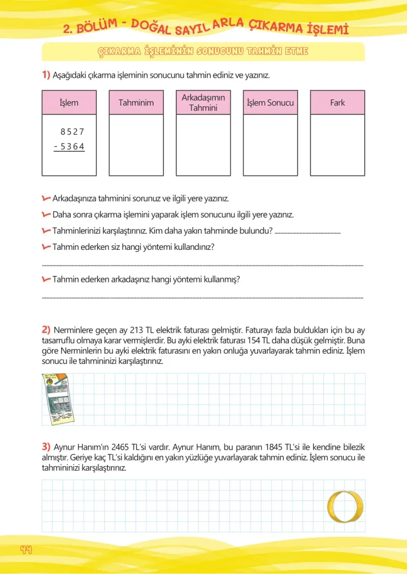 4. Sınıf Matematik Ders Kitabı Cevapları Meb Yayınları Çalışma Kitabı 1 Sayfa 44