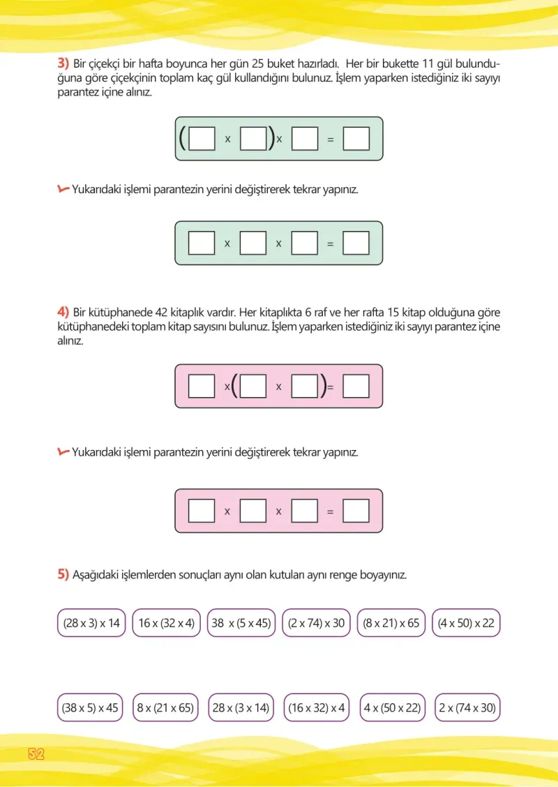 4. Sınıf Matematik Ders Kitabı Cevapları Meb Yayınları Çalışma Kitabı 1 Sayfa 52