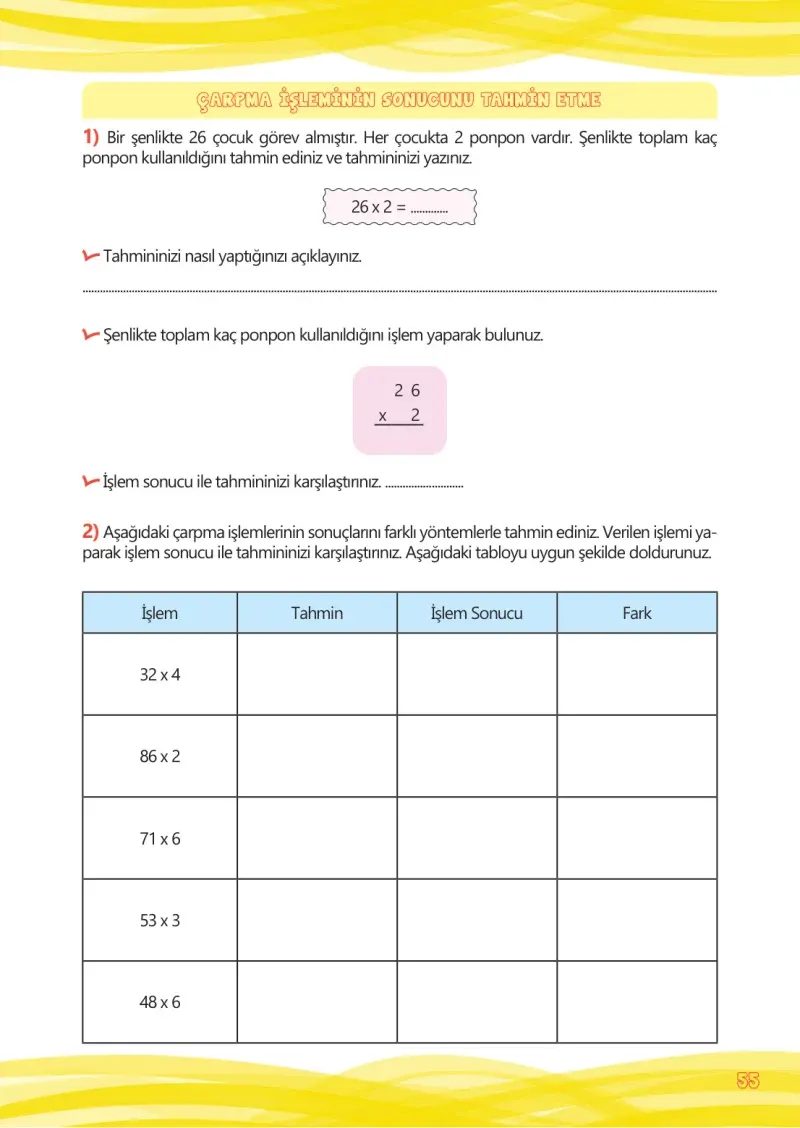 4. Sınıf Matematik Ders Kitabı Cevapları Meb Yayınları Çalışma Kitabı 1 Sayfa 55