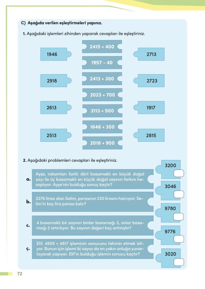 4. Sınıf Matematik Ders Kitabı Cevapları Meb Yayınları Sayfa 72