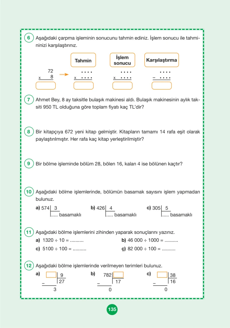 4. Sınıf Matematik Ders Kitabı Cevapları Pasifik Yayınları Sayfa 135