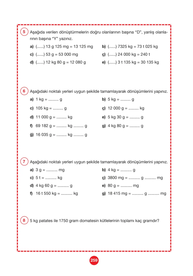 4. Sınıf Matematik Ders Kitabı Cevapları Pasifik Yayınları Sayfa 259
