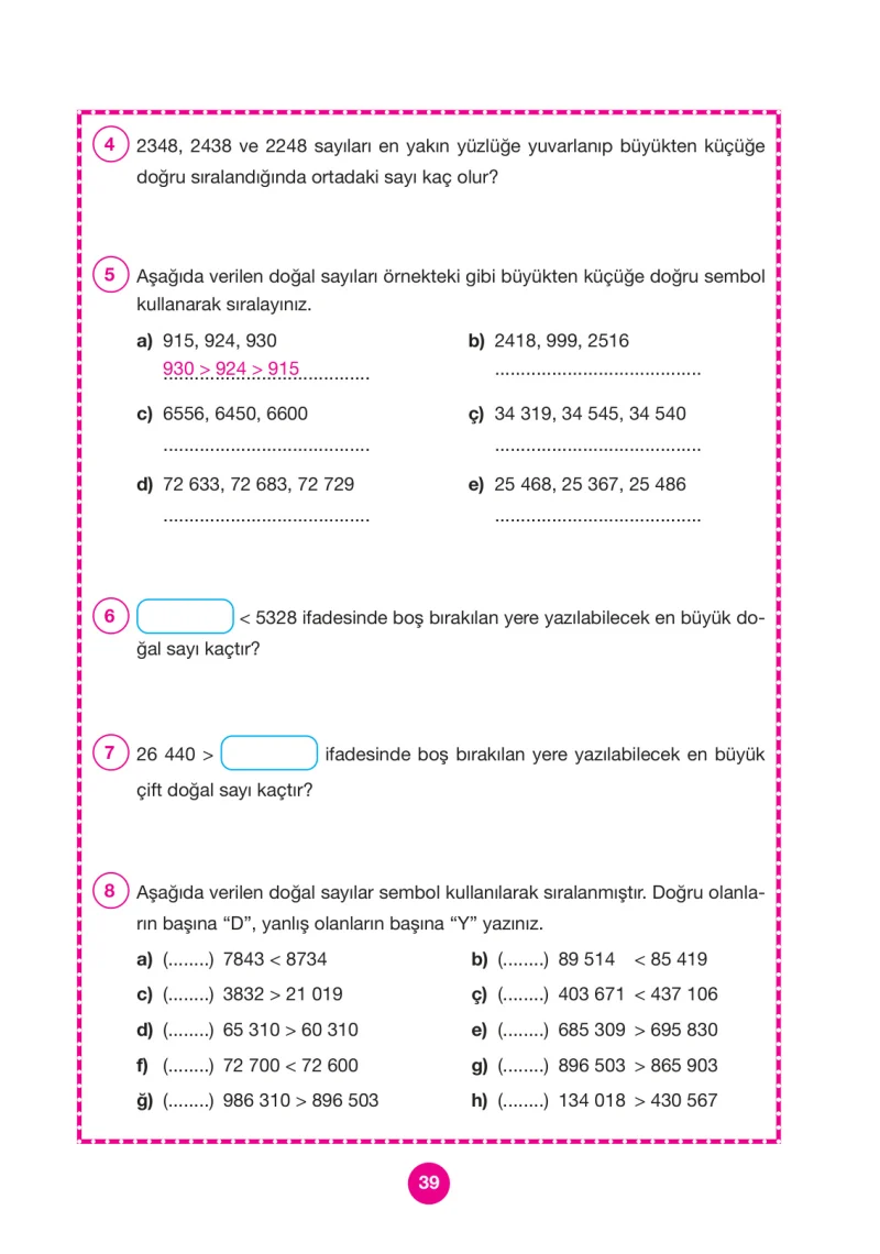 4. Sınıf Matematik Ders Kitabı Cevapları Pasifik Yayınları Sayfa 39