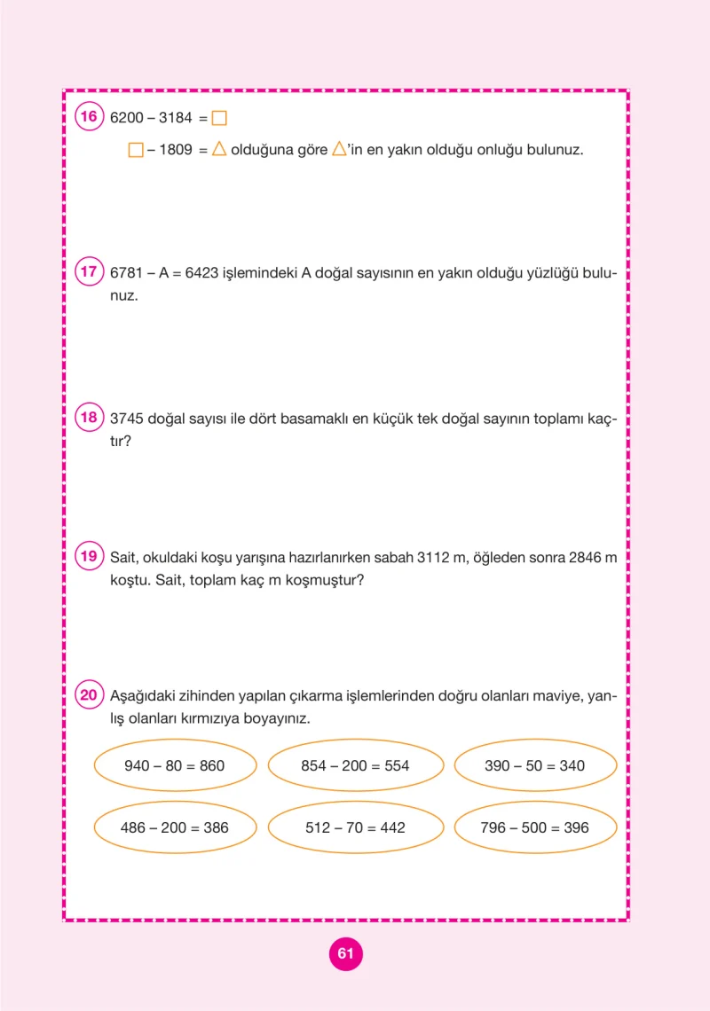 4. Sınıf Matematik Ders Kitabı Cevapları Pasifik Yayınları Sayfa 61