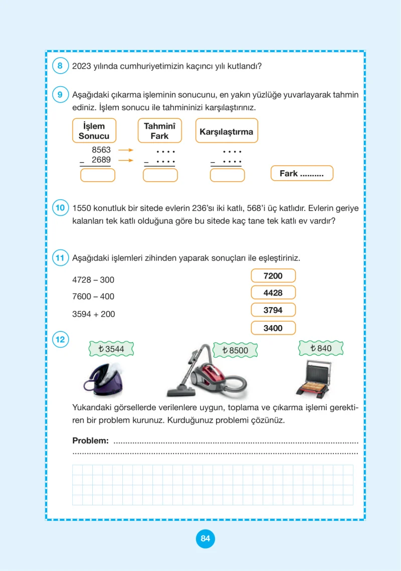 4. Sınıf Matematik Ders Kitabı Cevapları Pasifik Yayınları Sayfa 84