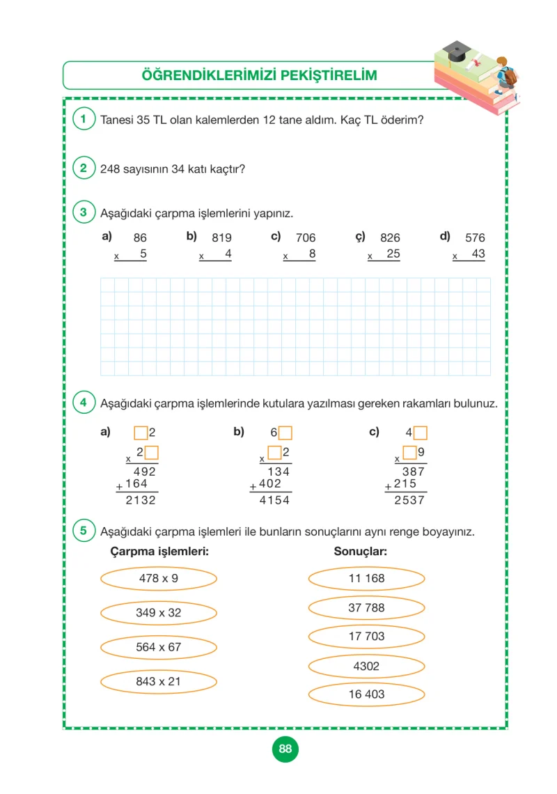 4. Sınıf Matematik Ders Kitabı Cevapları Pasifik Yayınları Sayfa 88