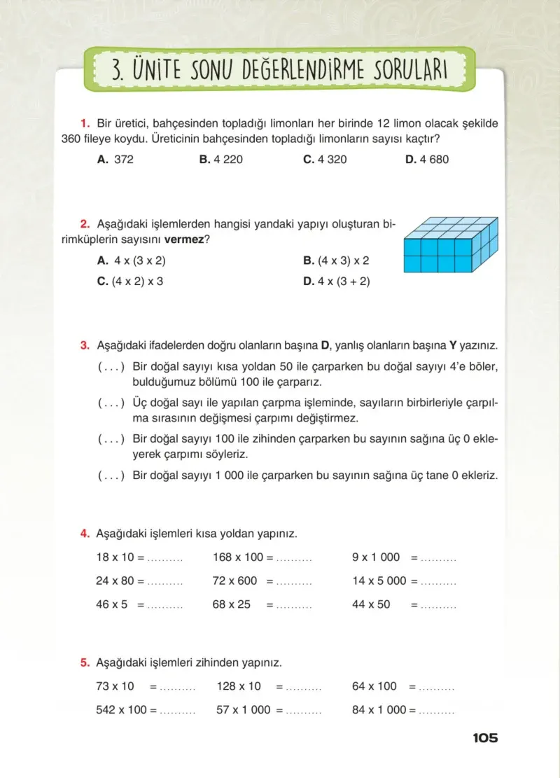 4. Sınıf Matematik Ders Kitabı Cevapları Sevgi Yayınları Sayfa 105