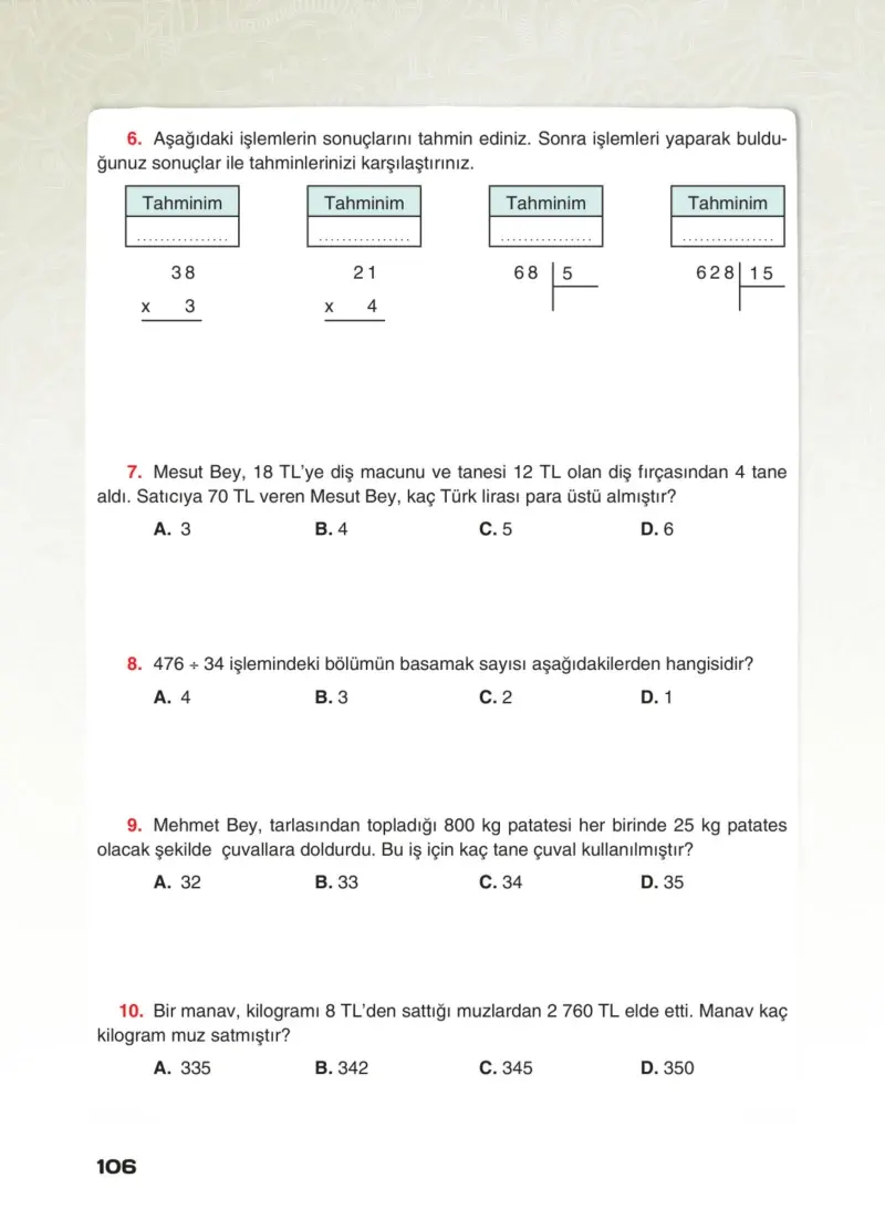 4. Sınıf Matematik Ders Kitabı Cevapları Sevgi Yayınları Sayfa 106