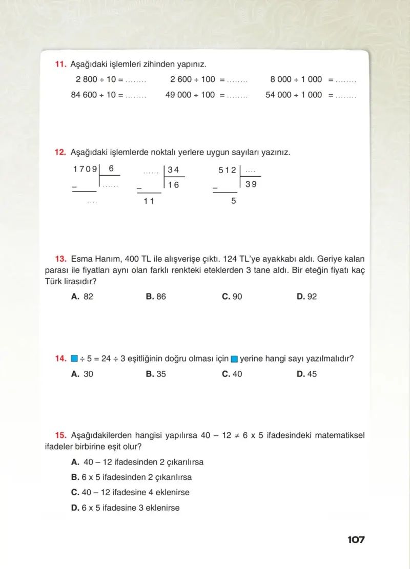4. Sınıf Matematik Ders Kitabı Cevapları Sevgi Yayınları Sayfa 107