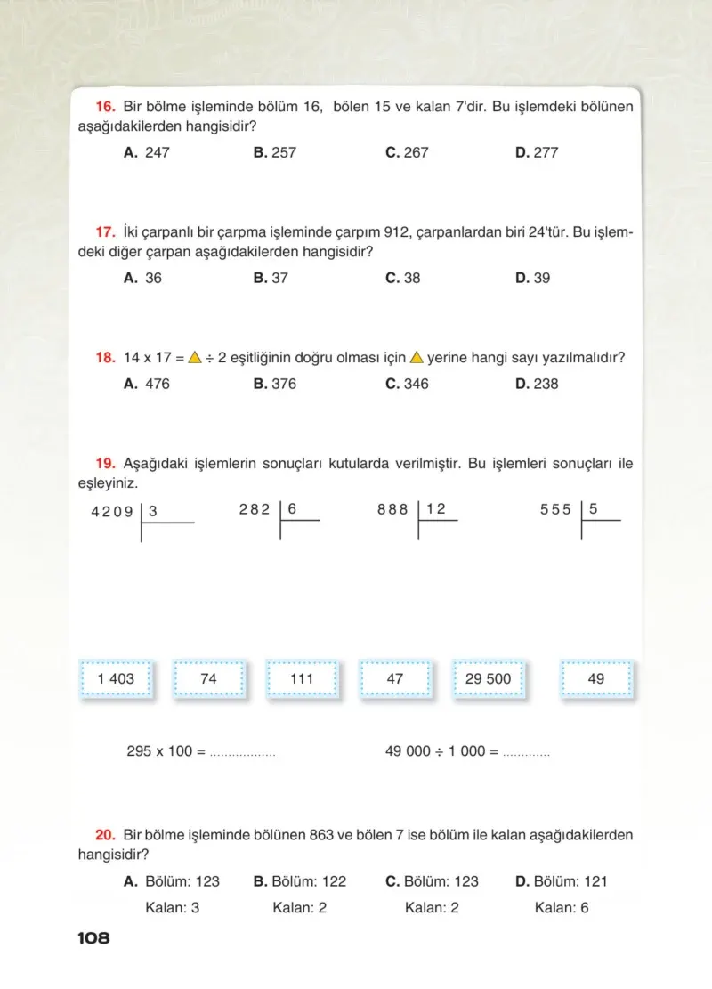4. Sınıf Matematik Ders Kitabı Cevapları Sevgi Yayınları Sayfa 108