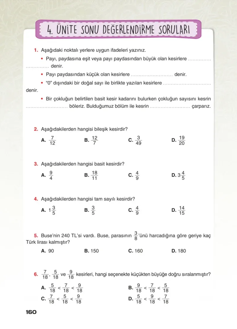 4. Sınıf Matematik Ders Kitabı Cevapları Sevgi Yayınları Sayfa 160