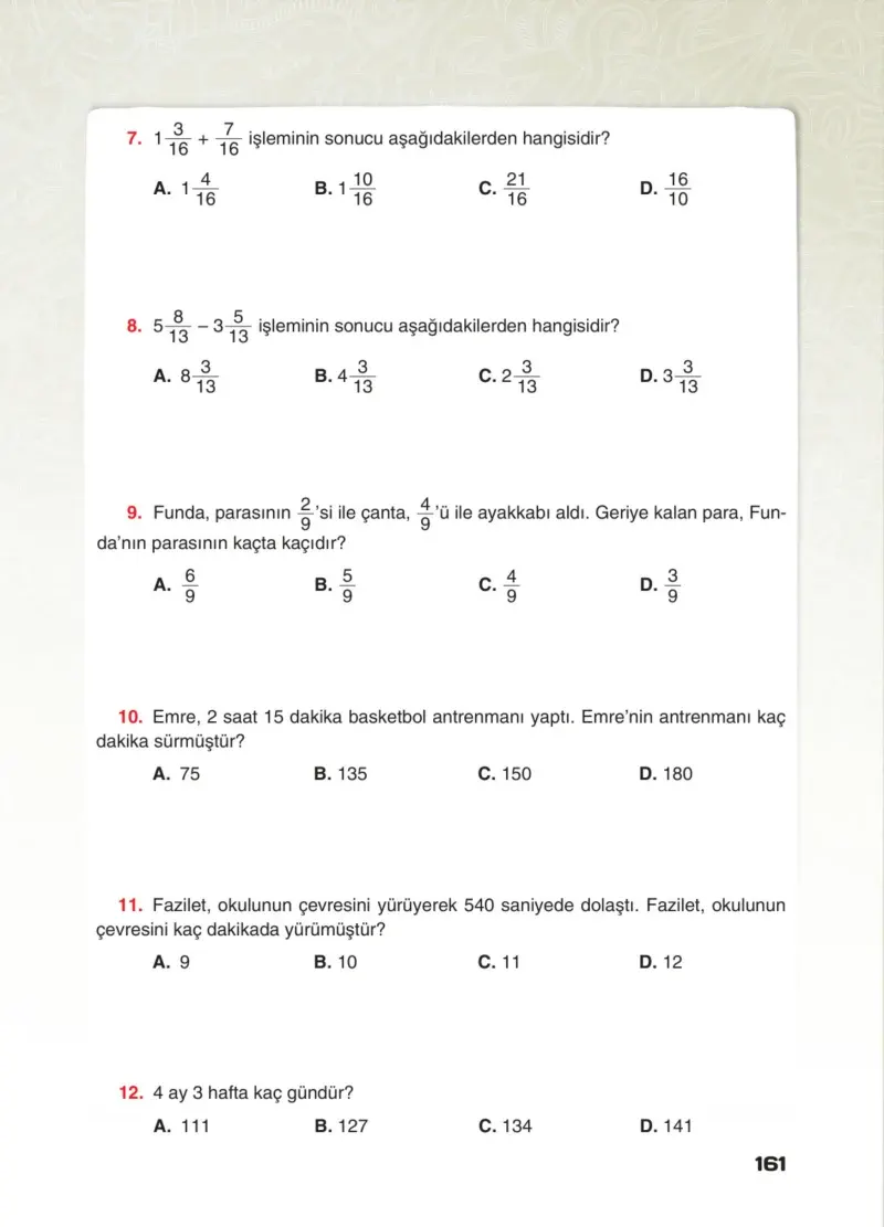 4. Sınıf Matematik Ders Kitabı Cevapları Sevgi Yayınları Sayfa 161