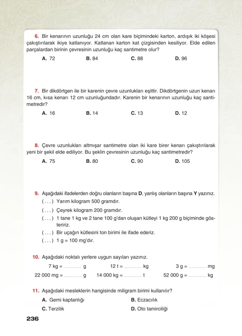 4. Sınıf Matematik Ders Kitabı Cevapları Sevgi Yayınları Sayfa 236