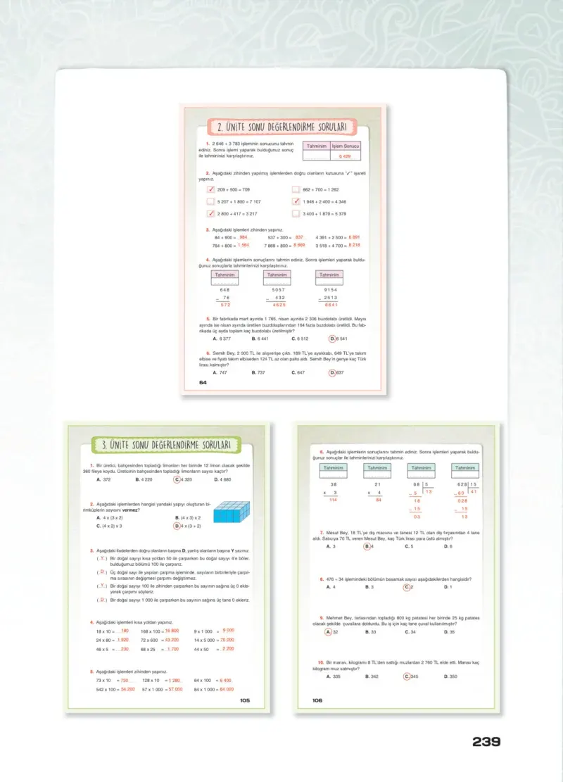 4. Sınıf Matematik Ders Kitabı Cevapları Sevgi Yayınları Sayfa 239