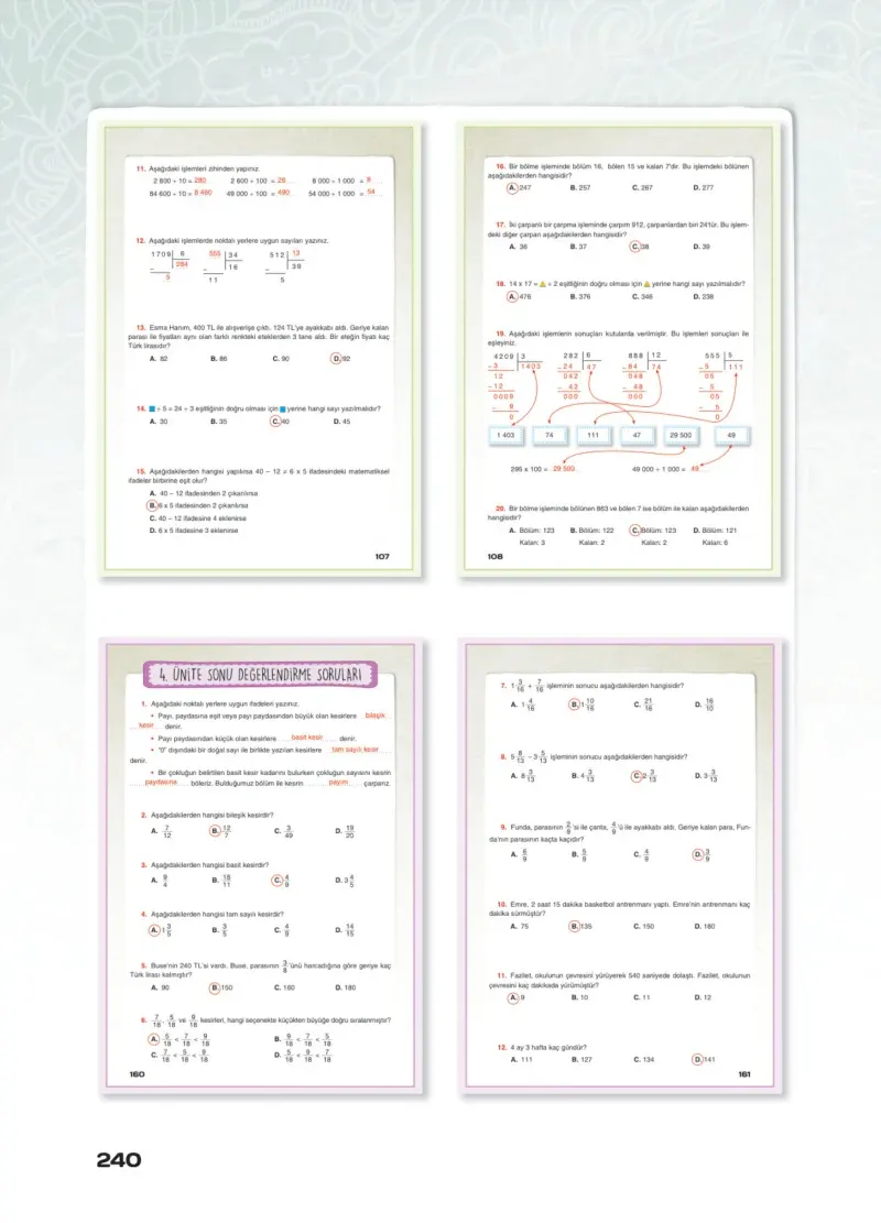4. Sınıf Matematik Ders Kitabı Cevapları Sevgi Yayınları Sayfa 240