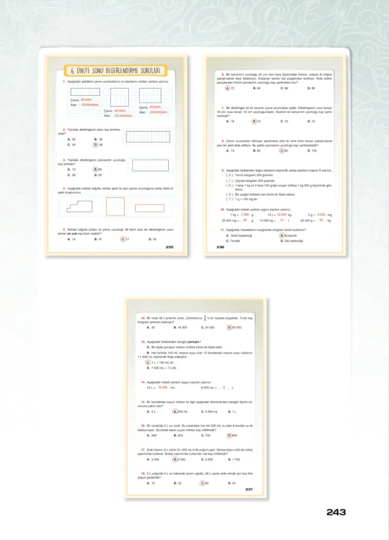 4. Sınıf Matematik Ders Kitabı Cevapları Sevgi Yayınları Sayfa 243