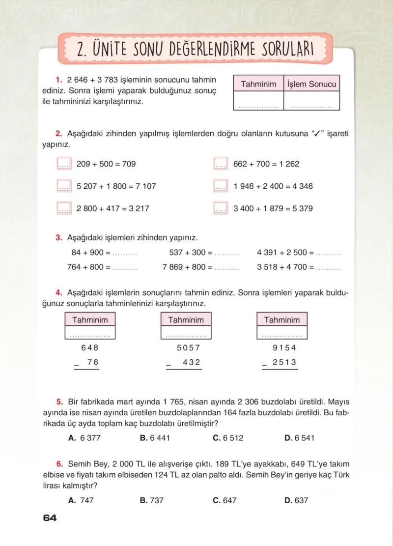 4. Sınıf Matematik Ders Kitabı Cevapları Sevgi Yayınları Sayfa 64