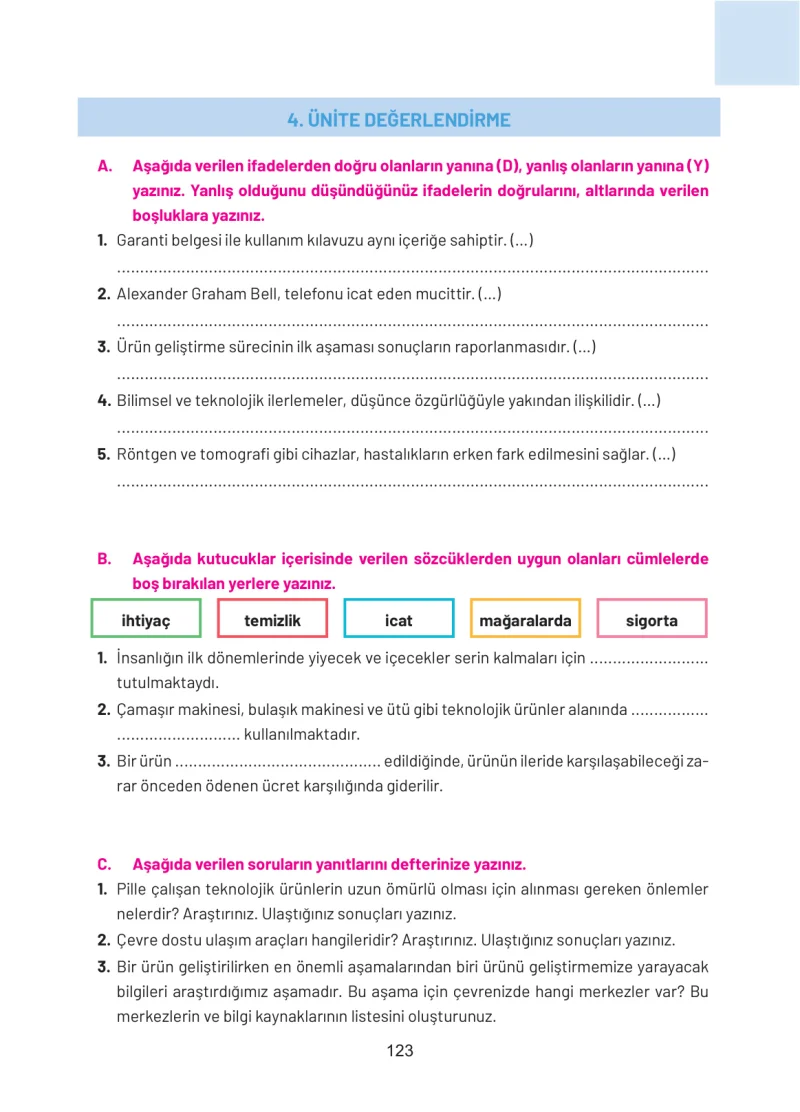 4. Sınıf Sosyal Bilgiler Ders Kitabı Cevapları Ferman Yayınları Sayfa 123