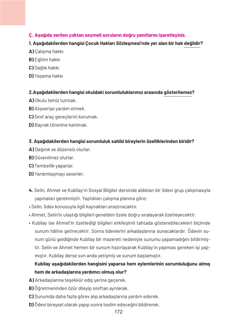 4. Sınıf Sosyal Bilgiler Ders Kitabı Cevapları Ferman Yayınları Sayfa 172