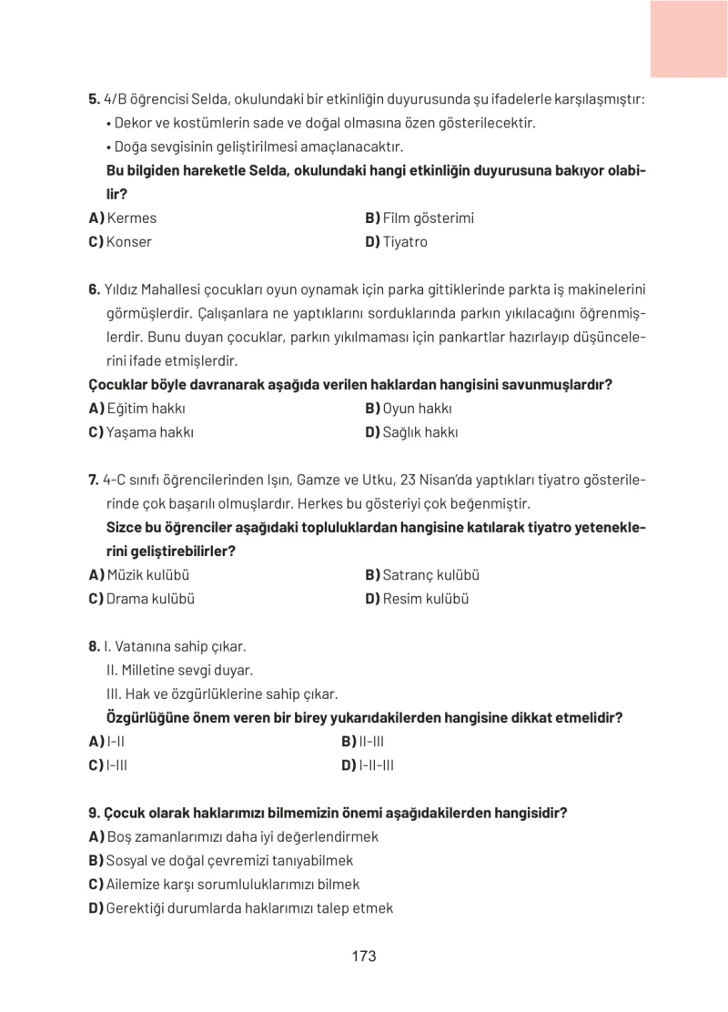 4. Sınıf Sosyal Bilgiler Ders Kitabı Cevapları Ferman Yayınları Sayfa 173