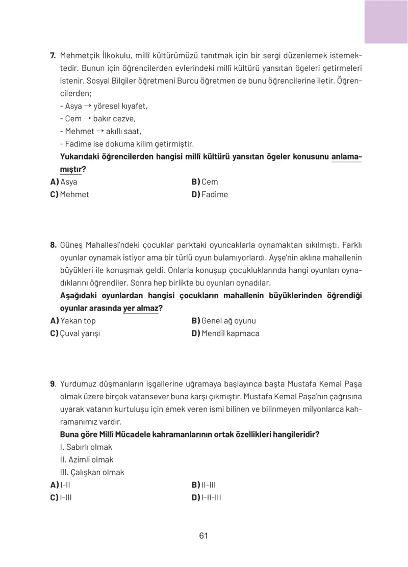4. Sınıf Sosyal Bilgiler Ders Kitabı Cevapları Ferman Yayınları Sayfa 61