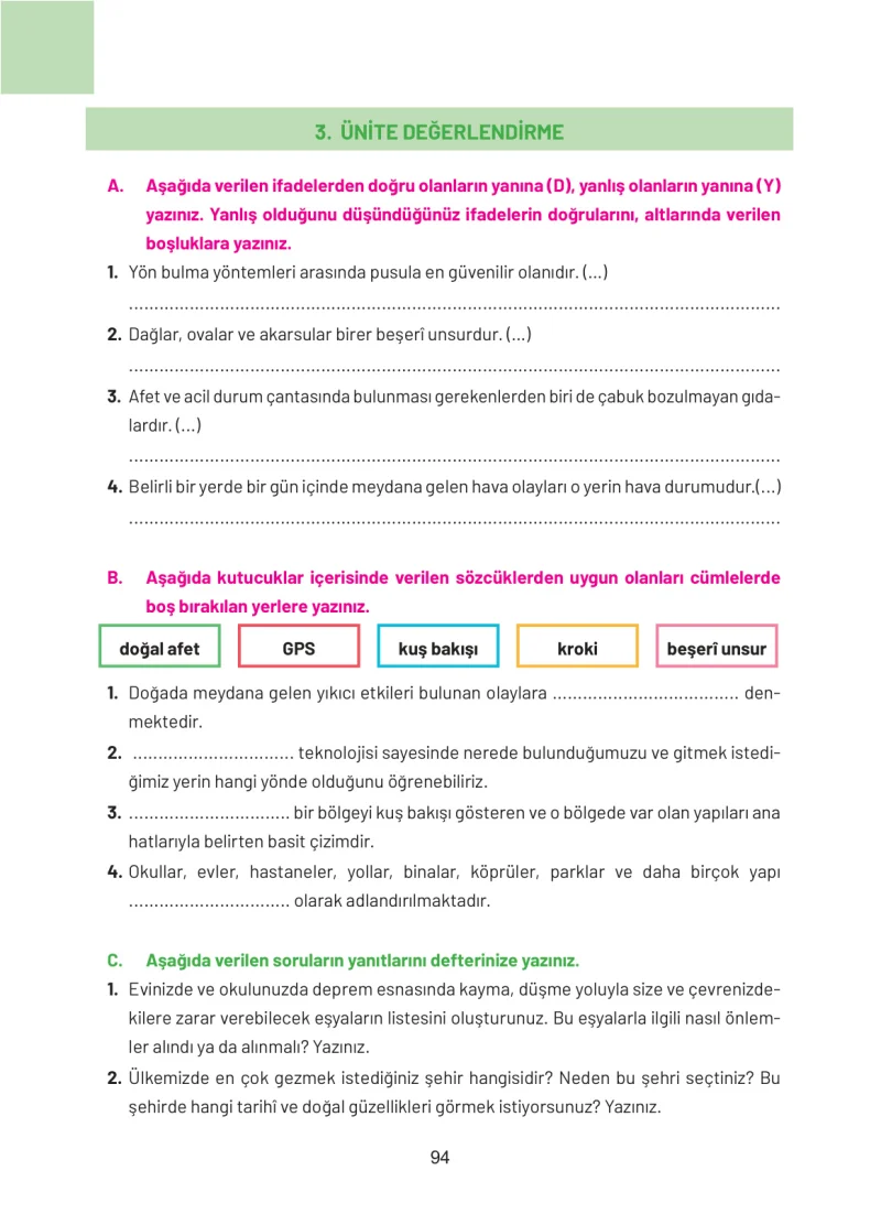 4. Sınıf Sosyal Bilgiler Ders Kitabı Cevapları Ferman Yayınları Sayfa 94
