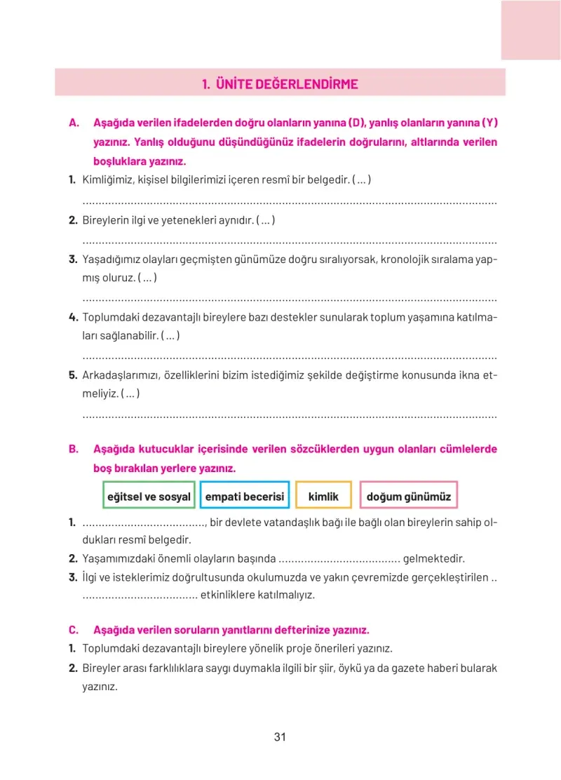 4. Sınıf Sosyal Bilgiler Ders Kitabı Cevapları Hecce Yayınları Sayfa 31