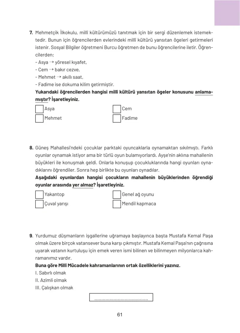 4. Sınıf Sosyal Bilgiler Ders Kitabı Cevapları Hecce Yayınları Sayfa 61